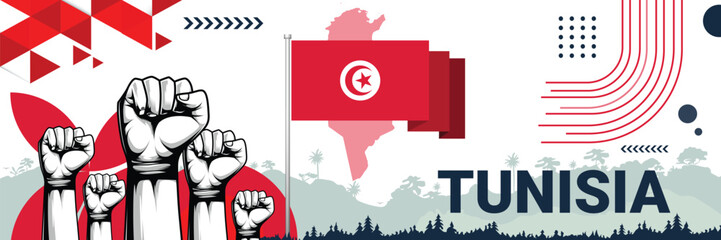 Celebrate Tunisia independence in style with bold and iconic flag colors. raising fist in protest or showing your support, this design is sure to catch the eye and ignite your patriotic spirit!