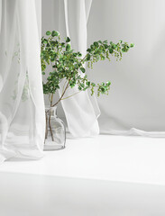 Empty white counter table, soft, smooth blowing sheer fabric curtain drapery, tree branch glass vase in sunlight for luxury cosmetic, skincare, beauty treatment, fashion product display background 3D