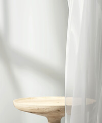 Empty modern round wood podium side table, beautiful grain, soft white drapery sheer cloth curtain...