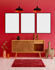 Empty photo frame mockup hanging on Red wall background. Art, Poster Display. Modern Interiors.