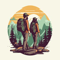 vintage hiking camp couple in pine tree forest mountain logo vector illustration