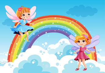 Cute fantasy fairies cartoon character flying over rainbow