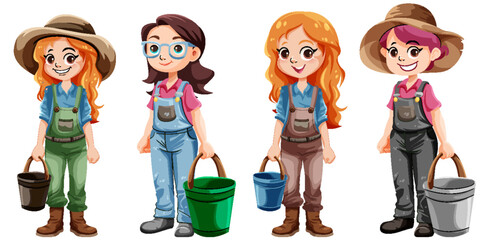 Set of farmer girl cartoon character