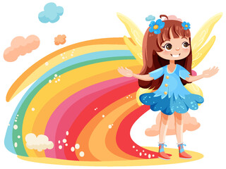 Fototapeta premium Cute fantasy fairy cartoon character with colourful rainbow
