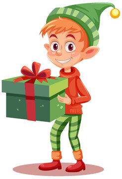 Cheerful Elf holding a Gift Box