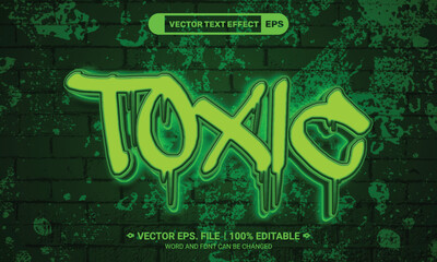 Green neon toxic graffiti 3d editable vector text effect on brick background