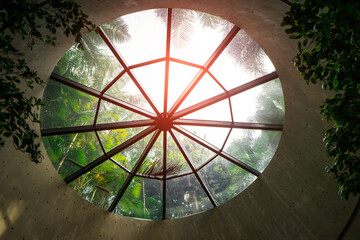 The circle glass ceiling for to see view outdoor of tree, to close the nature with lighting of sunlight at the hall of living room. 
