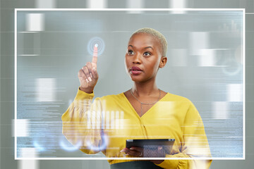 Black woman, tablet and touching futuristic screen for digital innovation, planning or data overlay. African female person or employee working on future touch technology, hud or dashboard display