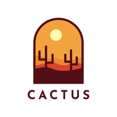 Desert landscape logo with cactus, mountain desert with sun