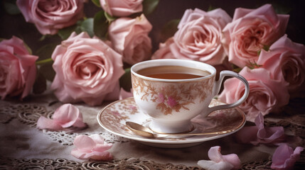 Fototapeta na wymiar A cup of coffee surrounded by pink roses. Generative AI image