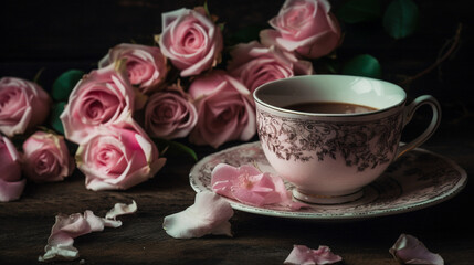Obraz na płótnie Canvas A cup of coffee surrounded by pink roses. Generative AI image