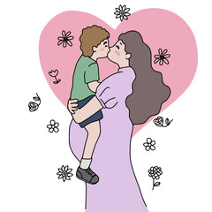 Mother kissing son line art cartoon vector illustration minimal style