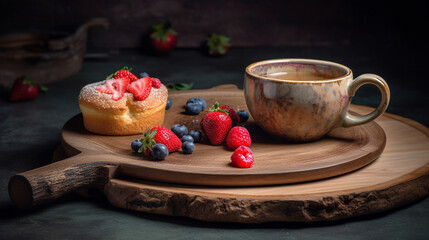 Obraz na płótnie Canvas Cup of coffee with tart with strawberry on a wooden platter. Generative AI image