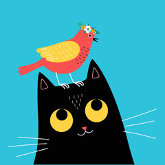 Cute red bird in flower wreath sits on head of black cat. Flat trendy vector illustration