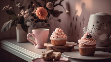 Coffee cup, cupcake in pink romantic colors. Generative AI image