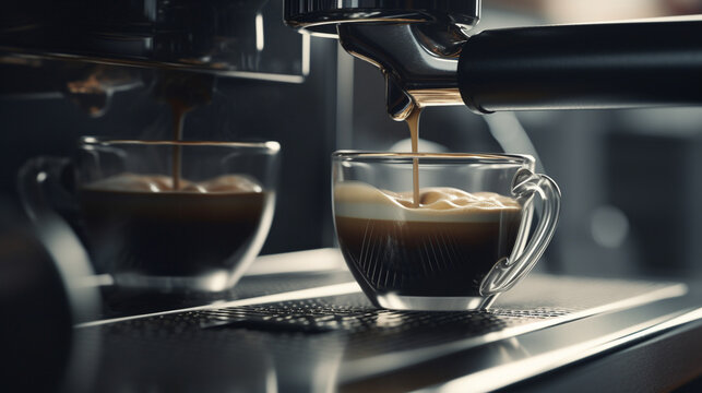 Espresso machine poured over a cup of coffee. Generative AI image