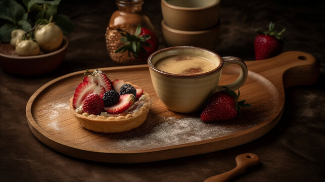 Cup of coffee with tart with strawberry on a wooden platter. Generative AI image