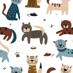 Seamless pattern with cute cats pattern. Funny hand drawn doodle style illustration for baby fabric.