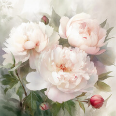 Enchanting Watercolor Painting of Romantic White and Pink Peonies and Roses in High Key, Evoking Bliss and Enigma, Perfect for Wallpaper , Created by Generative AI