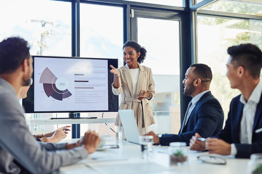 Business meeting, businesswoman and presentation on screen of tv in modern boardroom with colleagues. Workshop, speech and black woman or speaker speaking with coworkers in conference room