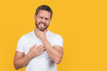 photo of caucasian man with sore throat wear shirt. ill man having sore throat. man in shirt