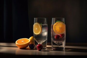 Fototapeta premium Two glasses of oranges and lemon Juice on a table AI Generated