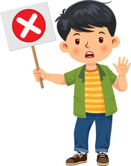 Fototapeta premium Cute boy standing holding with wrong sign