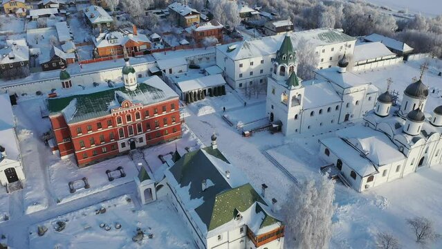 Aerial view of Spaso-Preobrazhensky monastery near the river in Murom winter, Russia.