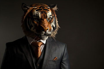 Image of businessman with a tiger's head in a suit on black background. Animals. Illustration. Generative AI.