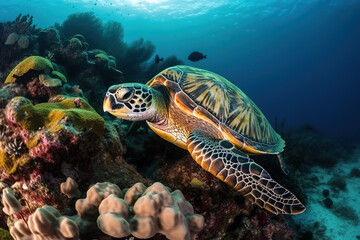 Obraz na płótnie Canvas Image of hawksbill turtle swimming under the sea. underwater animals. illustration, generative AI.