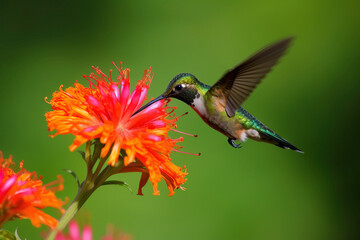 Fototapeta na wymiar Image of hummingbird in flight feeding on flower nectar on natural background. Birds. illustration, generative AI