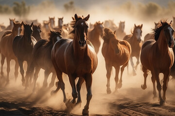 Image of a flock of horses in a dry forest. Wild Animals. Illustration, Generative AI.