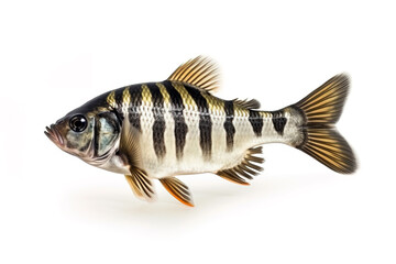 Naklejka premium Image of siamese tigerfish on a white background. Underwater animals. Fishs. Illustration. Generative AI.