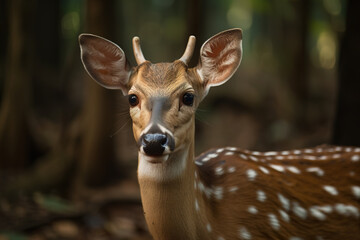 Image of spotted deer in the forest. Wildlife Animals. Illustration, Generative AI.