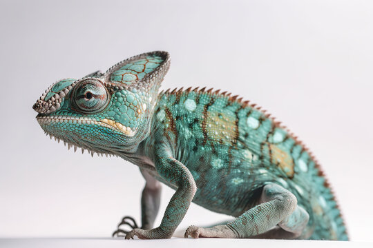 Image of green chameleons on white background. Reptile. Wildlife Animals. Illustration. Generative AI.