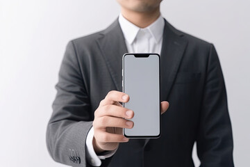 Hand holding a black smart phone with blank screen isolated on white background