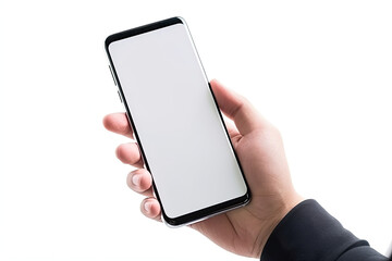 Hand holding a black smart phone with blank screen isolated on white background
