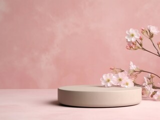 empty product display podium with flowers on a minimalistic background