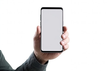 Hand holding a black smart phone with blank screen isolated on white background
