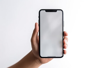 Hand holding a black smart phone with blank screen isolated on white background
