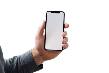 Hand holding a black smart phone with blank screen isolated on white background