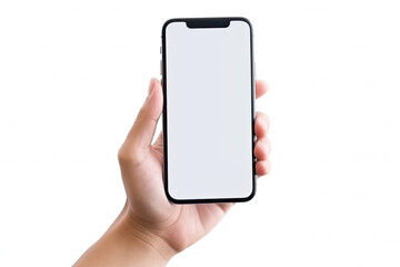 Hand holding a black smart phone with blank screen isolated on white background