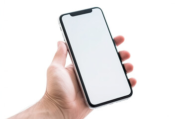 Hand holding a black smart phone with blank screen isolated on white background