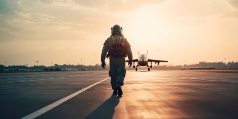 pilot walking along the runway lighting in the background of a multi-fighter Generative AI - obrazy, fototapety, plakaty