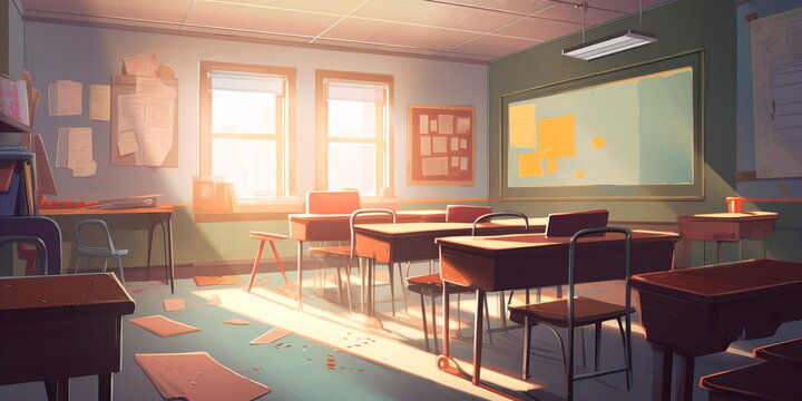 classroom with a chalkboard, desks, and a teacher at the front of the room, welcoming students back to school.Generative AI