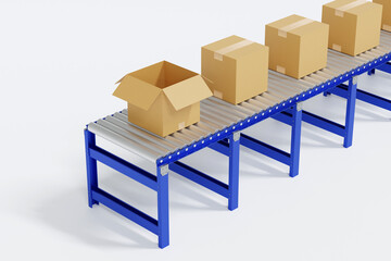 Cardboard box parcel on conveyor belt, production ling automated machine on white background, 3D rendering.