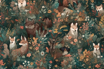 pattern with a woodland-inspired design, featuring forest animals and nature motifs. Generative AI