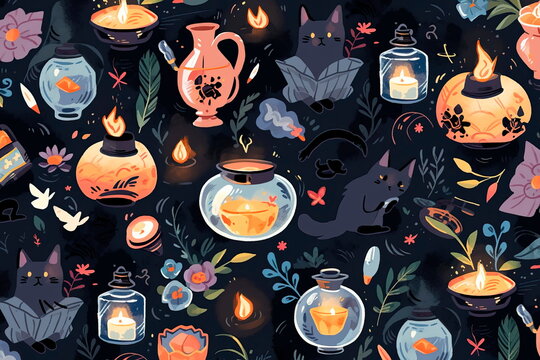 Watercolor pattern witches theme background, Generative AI