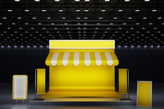 Yellow booth exhibition stand display mockup design for event trade fair show in exhibition hall, 3D rendering.