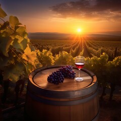 Illustration of a picturesque vineyard in Tuscany, Italy. Aged wooden barrel with a glass of red wine resting on it, surrounded by vineyard rows. Capturing the essence of Tuscan wine culture.